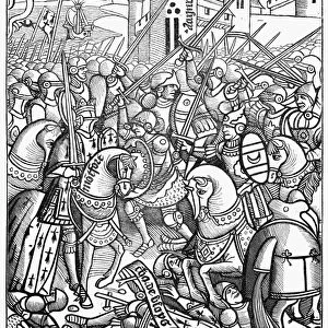 FRANCE: KNIGHTS, 1364. French soldiers at the Battle of Auray. Woodcut, French