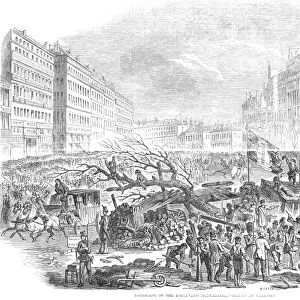 FRANCE: REVOLUTION OF 1848. Barricade on the Boulevard Montmartre. Wood engraving from a contemporary English newspaper