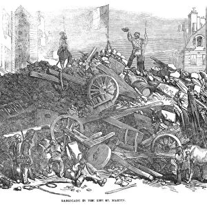 FRANCE: REVOLUTION OF 1848. Barricade in the Rue St. Martin. Wood engraving from a contemporary English newspaper
