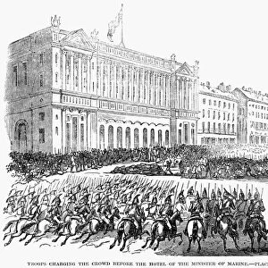 FRANCE: REVOLUTION OF 1848. Troops charging the crowd before the Hotel of the Minister of Marine - Place de la Concorde. Wood engraving from a contemporary English newspaper