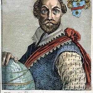 FRANCIS DRAKE (1540?-1596). English admiral. Woodcut, Flemish, 1695
