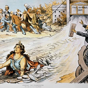 FREE SILVER CARTOON, 1890. Opening the Flood Gates / The Mad Act of Our Crazy Senate. American cartoon, 1890, by F. Victor Gillam opposing the enactment of the Sherman Silver Purchase Act