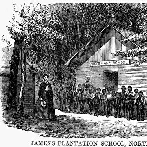 FREEDMEN SCHOOL, 1868. James Plantation School, North Carolina. Wood engraving, American, 1868
