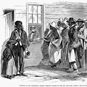 FREEDMENs BUREAU, 1866. The Freedmans Bureau at Richmond Virginia, issuing rations to the old and sick. Wood engraving from an American newspaper of 1866