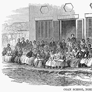 FREEDMENs SCHOOL, 1868. The Coan School at Norfolk, Virginia, established for freedmen after the Civil War. Wood engraving, American, 1868