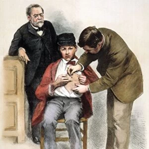 French chemist and microbiologist. Pasteur (left) supervises as 9-year-old Joseph Meister, who had been bitten by a rabid dog, is inoculated for hydrophobia, 6 July 1885. Contemporary French wood engraving
