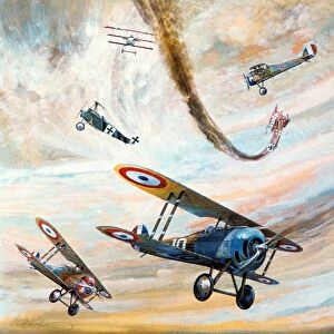 French and German biplanes in a dogfight during World War I. Painting by Jerome Biederman (1913-1966)