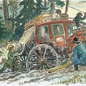 FRONTIER MAIL COACH, c1830. A mail coach makes its way over muddy roads on the Canadian frontier