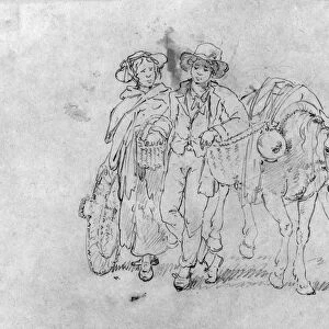 FRONTIERSMAN & WIFE. A young frontiersman with his wife and pack animal. Drawing by Joshua Shaw