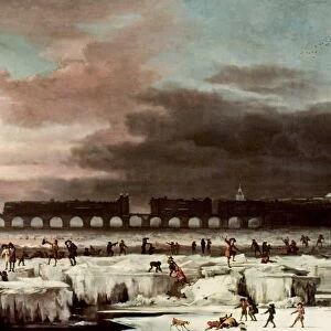 FROZEN THAMES. Oil painting, 1677, by Abraham Hondius