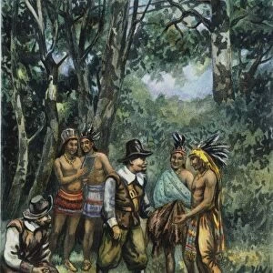 FUR TRADE. Dutch settlers in America trading with the Native Americans. American lithograph
