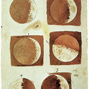 GALILEO: MOON. Sketches by Galileo of the moon as he saw it through the telescope, from his book The Starry Messenger, 1610