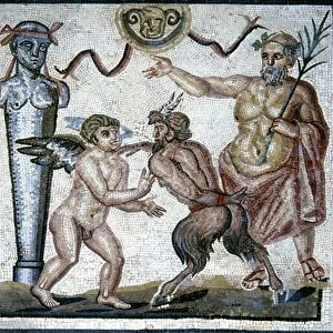GALLO-ROMAN MOSAIC. Fight between Cupid (or Eros) and Pan, who is forced to fight