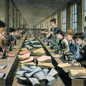 GARMENT FACTORY. Women workers sewing fabric squares together: American engraving, 19th century