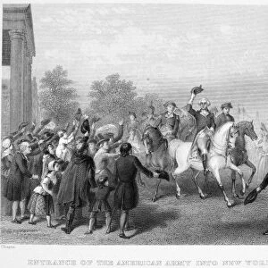 General George Washingtons triumphal entry into New York, 25 November 1783, after the evacuation of the city by the British. Steel engraving, 19th century