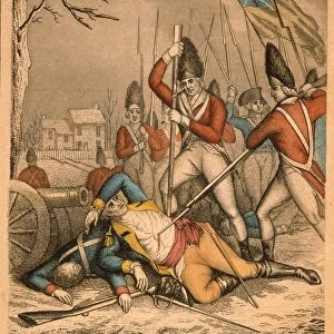 General Hugh Mercer mortally wounded by Britiah troops at the Battle of Princeton, 3 January 1777. Color line and stipple engraving, 19th century