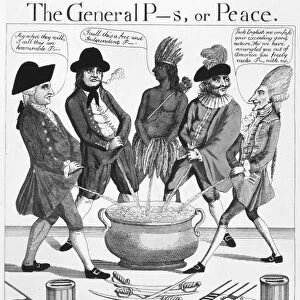 The General P__s, or Peace. Satirical English cartoon, 1783, showing the Americans, British and French urinating into a common pot during negotations for the Treaty of Paris at the conclusion of the American Revolutionary War