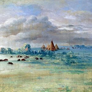GEORGE CATLIN: SIOUX VILLAGE. A Sioux village at Lake Calhoun, Minnesota, near Fort Snelling