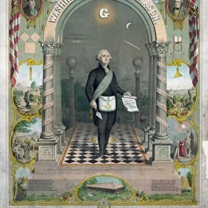 GEORGE WASHINGTON (1732-1799). First President of the United States. Washington as a Freemason in masonic attire, holding a scroll and trowel with portraits of the Marquis de Lafayette and Andrew Jackson as well as biblical scenes. Color lithograph, c1899