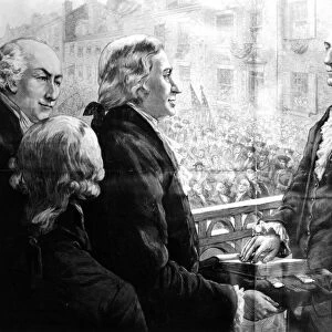 GEORGE WASHINGTON (1732-1799). First President of the United States. The inauguration of George Washington as the first President of the United States at Federal Hall, New York, 30 April 1789: wood engraving, 19th century