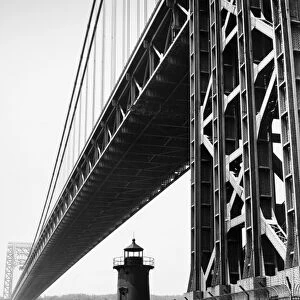 GEORGE WASHINGTON BRIDGE. Looking west toward New Jersey in 1964, showing the Little Red Lighthouse on the Manhattan side