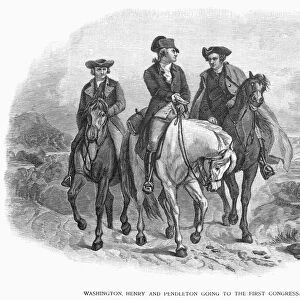 George Washington, Patrick Henry, and Edmund Pendleton travel to the First Continental Congress at Philadelphia in September 1774. Steel engraving, 19th century, after Felix Octavius Darley