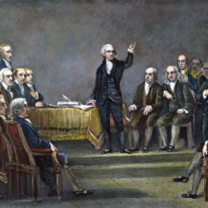 George Washington presiding at the Constitutional Convention at Philadelphia in 1787. Steel engraving, American, 19th century, after a painting by Michael Angelo Wageman