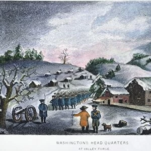 George Washingtons headquarters at snowbound Valley Forge, Pennsylvania, during the winter of 1777-78: American engraving, 19th century