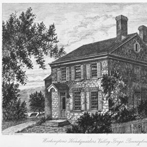 George Washingtons headquarters at Valley Forge, Pennsylvania. Etching, 18th century