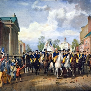 George Washingtons triumphal entry into New York City on 25 November 1783 after the evacuation of the city by the British: lithograph, 19th century