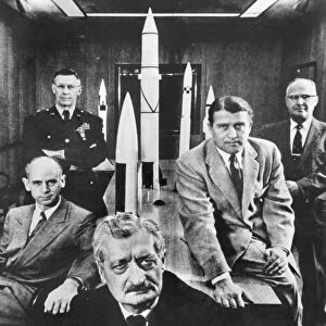 German physicist and rocket scientist. Oberth with officials of the Army Ballistic Missile Agency in Huntsville, Alabama, 1956. Left to right: Dr. Ernst Stublinger (seated); Major General H. N. Toftoy, Commanding Officer; Dr. Eberhard Reed; and Wernher von Braun