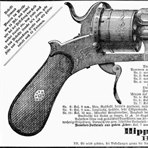 GERMAN REVOLVER, 1880. German newspaper advertisement for a revolver, 1880