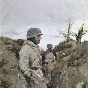 A German soldier in a trench on the Eastern Front during World War II. Painting by A. Hierl, c1945