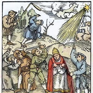 GERMANY: PEASANTS WAR. Peasants fighting monks and the Pope. Woodcut, German, 1524