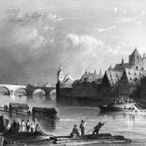 GERMANY: REGENSBURG. A view of Regensburg on the Danube River in Bavaria, Germany. Steel engraving, English, 1844, after William Henry Bartlett