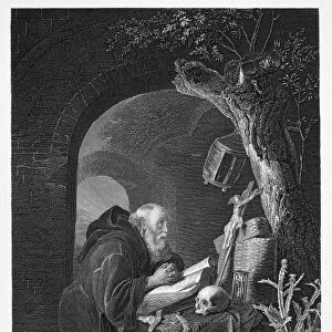 GERRIT DOU: THE ANCHORITE. Steel engraving after a painting by Gerrit Dou (1613-1675)