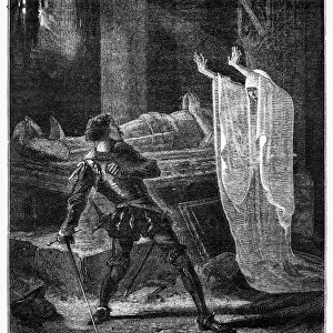 GHOST AND KNIGHT. Line engraving, French, 19th century