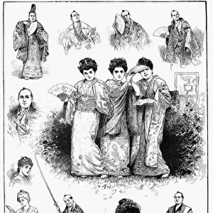 GILBERT & SULLIVAN: MIKADO. Sketches from The Mikado, Gilbert and Sullivans new comic opera at the Savoy Theatre in London. Line engraving from an English newspaper of 1885