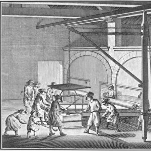 GLASS MANUFACTURE, 1751. Manufacturing plate glass: preparing to hoist the ladle of molten glass and swing it over the casting table. Line engraving, from L Encyclopedie of Denis Diderot, French, 1751