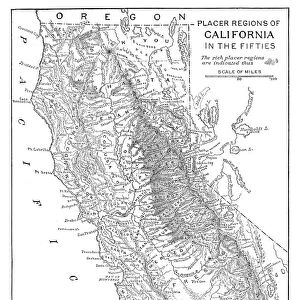 GOLD RUSH: MAP. Map of the placer mining regions of California in the 1850s. Engraving
