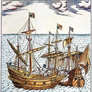 GOLDEN HIND, 1579. Sir Francis Drakes ship in combat with the Spanish treasure ship Cacafuego off the South American coast in 1579. Contemporary line engraving