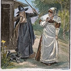 GOODWIFE WALFORD, 1692. Goodwife Walford accused of witchcraft in Puritan New England. American engraving, 19th century