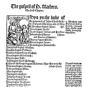GOSPEL OF MATTHEW, 1525. The first page of William Tyndales Gospel of St