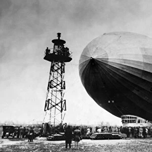 GRAF ZEPPELIN. The German airship Graf Zeppelin approaching its mooring mast in Berlin, Germany, early 20th century