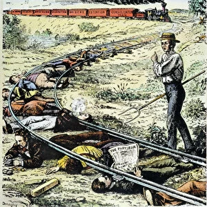 GRANGER MOVEMENT. The Grange Awakening the Sleepers. American cartoon, 1873, inspired by the Vanderbilt system of secret rebates, showing a farmer trying to rouse the country to the railroad menace