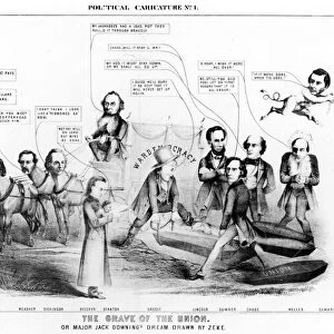 GRAVE OF THE UNION, 1864. The Grave of the Union, or Major Jack Downings Dream. American lithograph cartoon, 1864, depicting the burial of the United States Constitution, habeas corpus, speech and press freedoms, and the Union by the Lincoln administration, its supporters in Congress, journalist Horace Greeley (center), and clergyman Henry Ward Beecher
