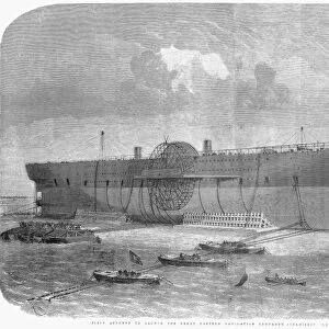 GREAT EASTERN, 1857. The first, unsuccessful, attempt, to launch the huge sail-and-steam ship Great Eastern in the Thames River. Line engraving from an English newspaper of November 1857