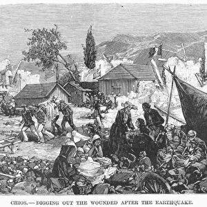 GREECE: EARTHQUAKE, 1880. Digging out the wounded after the earthquake on Chios, a Greek island in the Aegean Sea. Wood engraving, 1880
