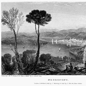 GREECE: EURIPUS STRAIT. View of the Euripus Strait from the Aegean island of Euboea, looking towards the city of Chalcis and its connection to the Greek mainland at Negropont. Steel engraving, English, 1834, by Edward Finden after Joseph Mallord William Turner