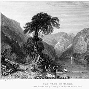 GREECE: VALE OF TEMPE. View of the Vale of Tempe, a gorge in Thessaly in northern Greece where the Pineios River flows between Mount Olympus and Mount Ossa. Steel engraving, English, 1833, by James Willmore after William Purser